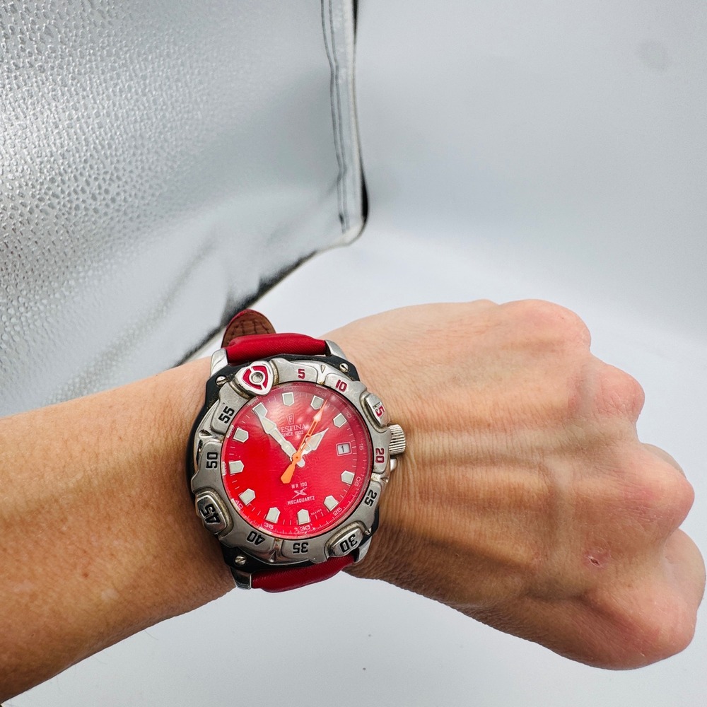 Festina Chronograph‎ Men Watch Red Dial 50mm Kinetic Mecaquartz Display Back